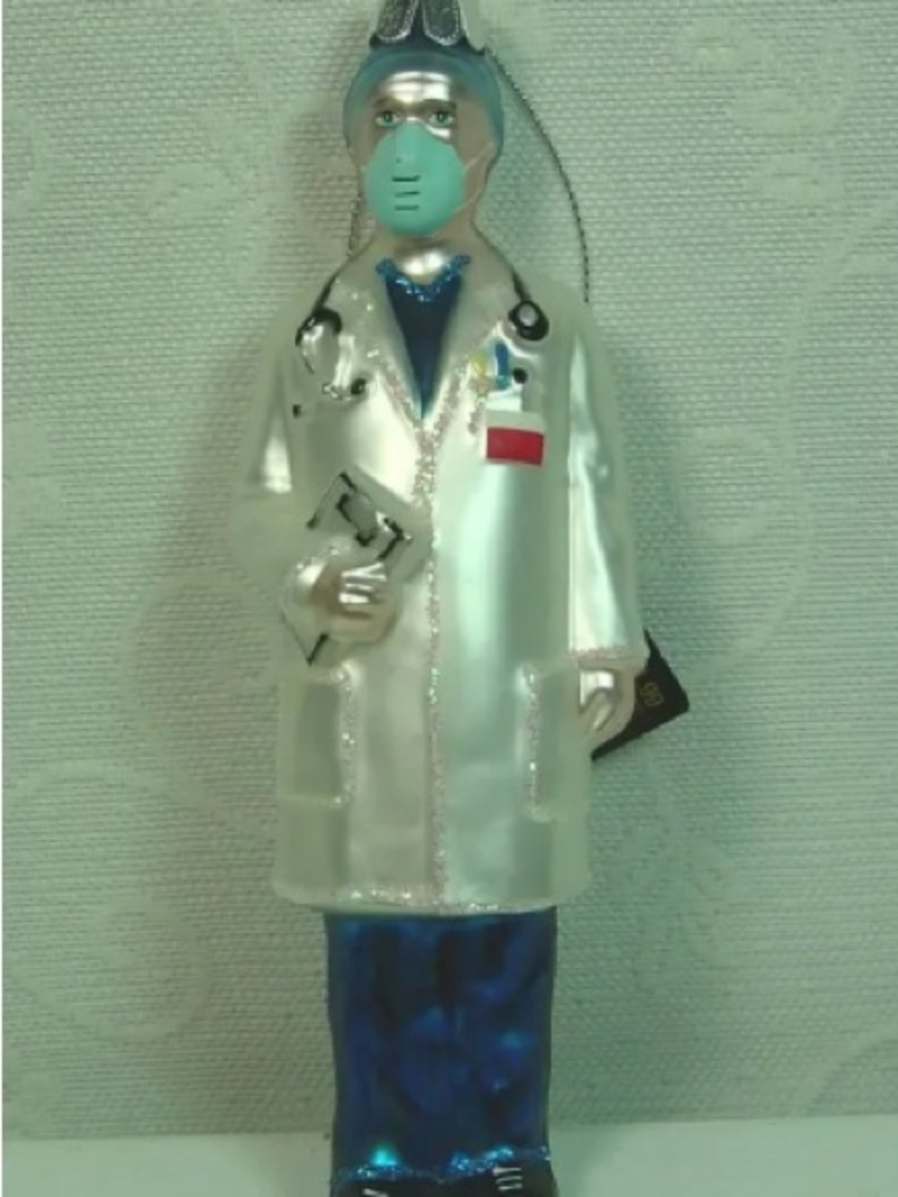 Glass Doctor Ornament in White and Blue with Mask